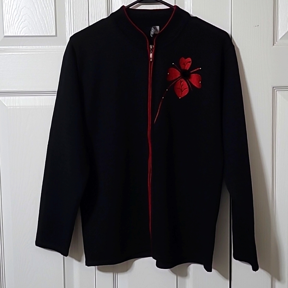 Black Zip-up Cardigan Sweater Embroidered Red Flower, Size Medium, Like New